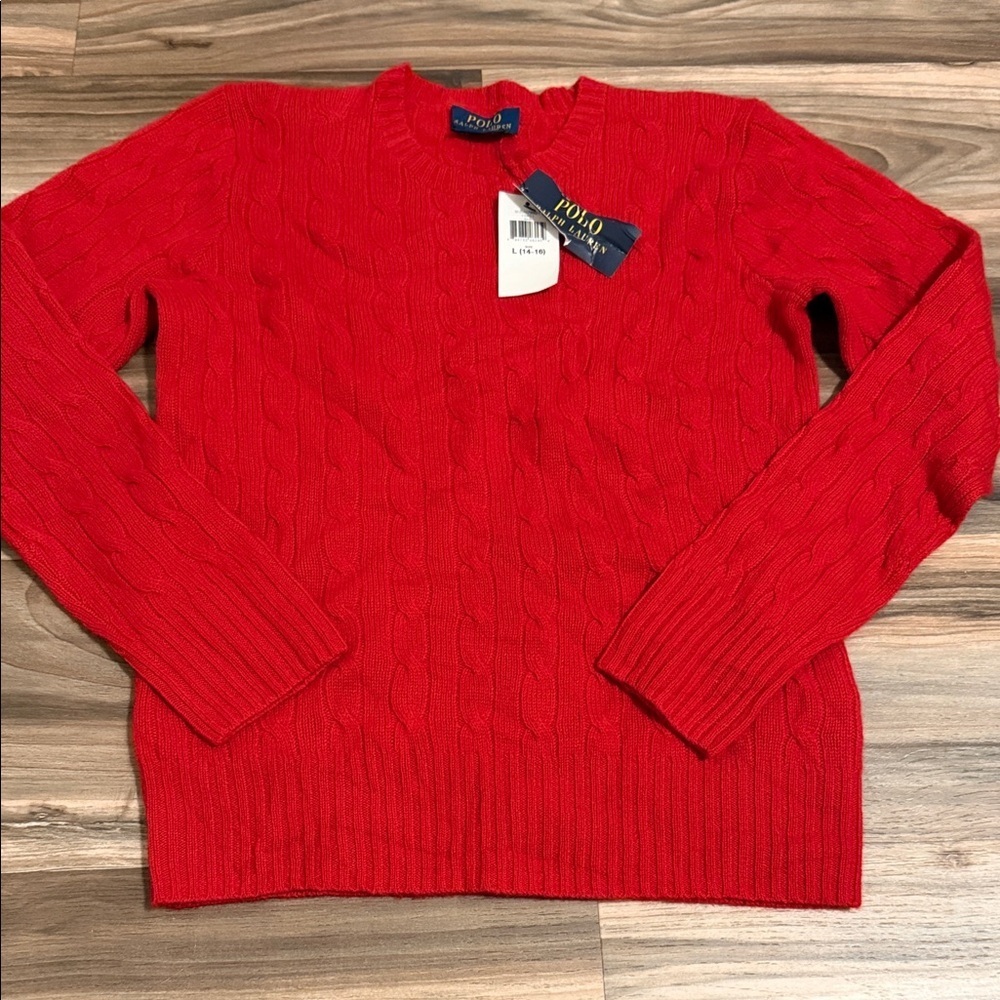 Polo Ralph Lauren Youth Sz. L (14-16) Cable Knit Cashmere Sweater Red Holiday